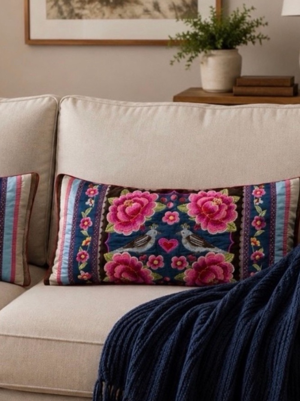 Pip Studio velvet, denim and polysilk bird embroidered pillow covers set of 2